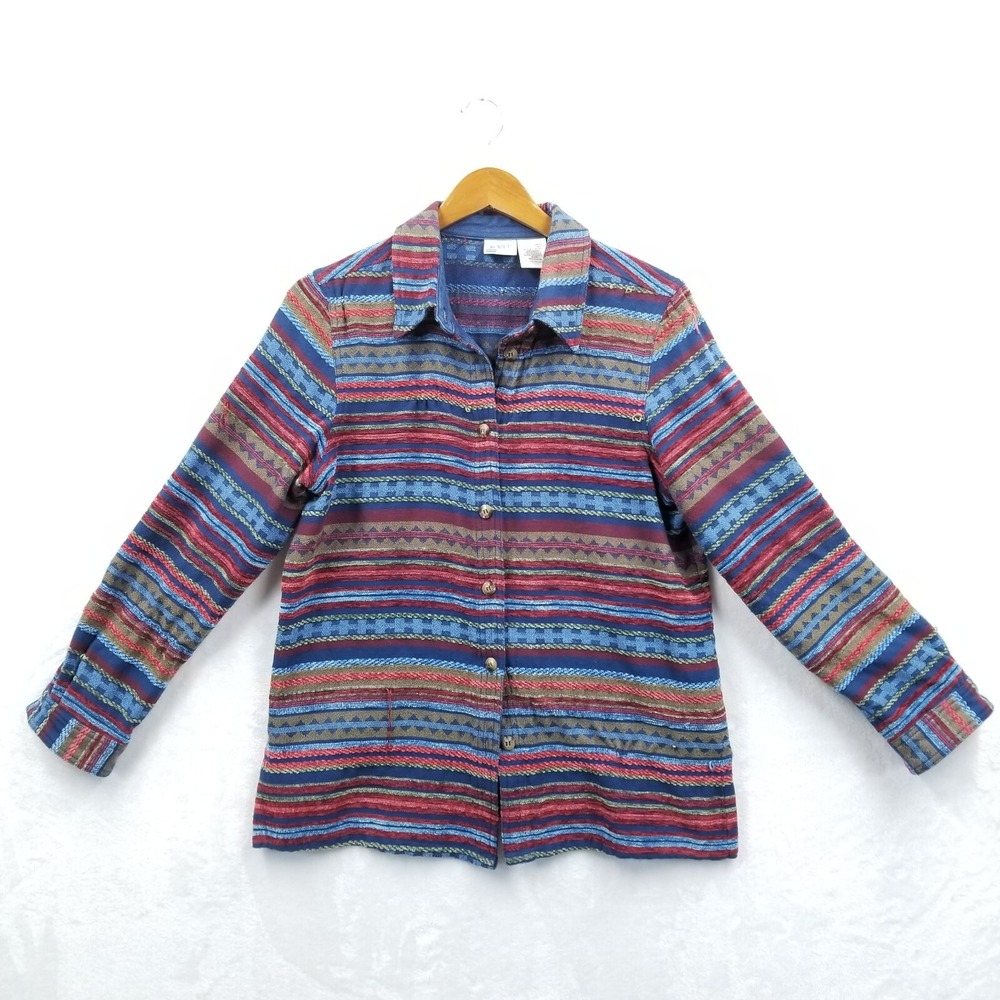 Vintage Koret Blouse Women Medium Multicolor Striped Chenille Southwest Cabin